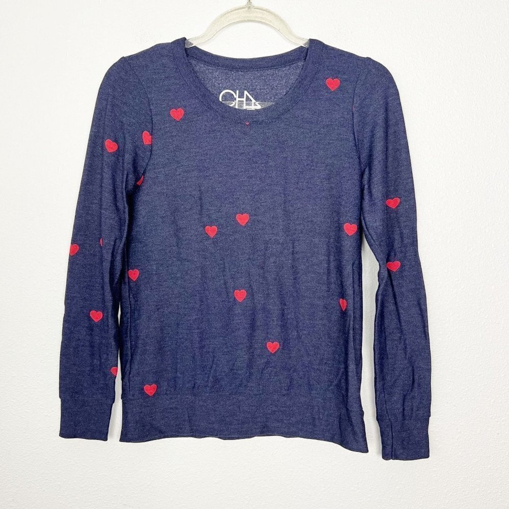 Chaser Navy Blue Hearts Sweater Pullover Womens XS Comfy Cozy Lounge